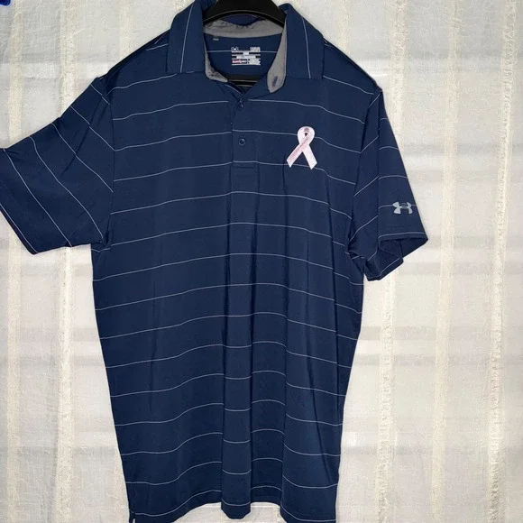 Under Armour Polo Shirt Mens Large Navy Blue Excellent Pink Ribbon Striped - Picture 2 of 7